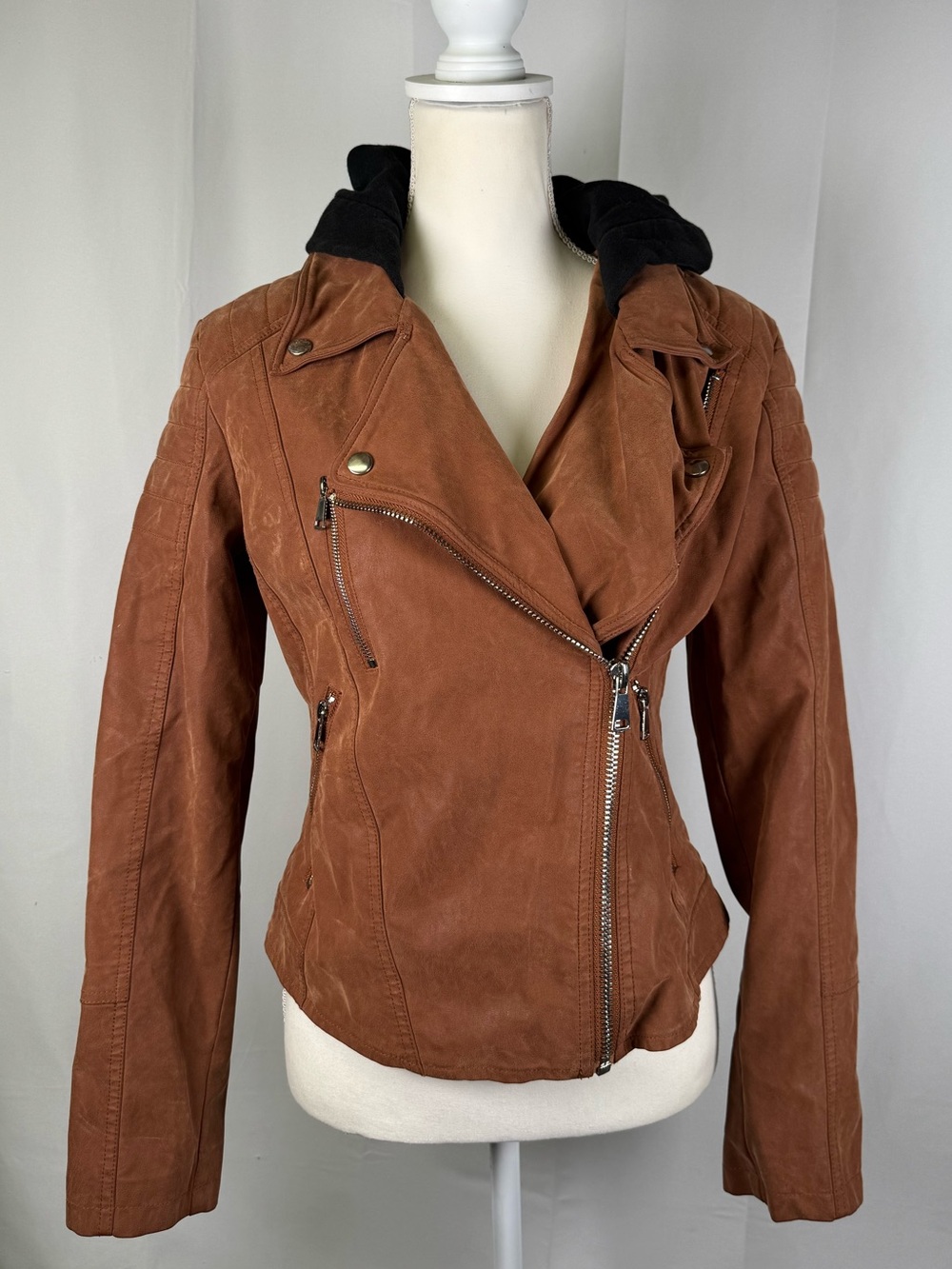Free People We The Free Brown Hooded Vegan Leather Moto Jacket S